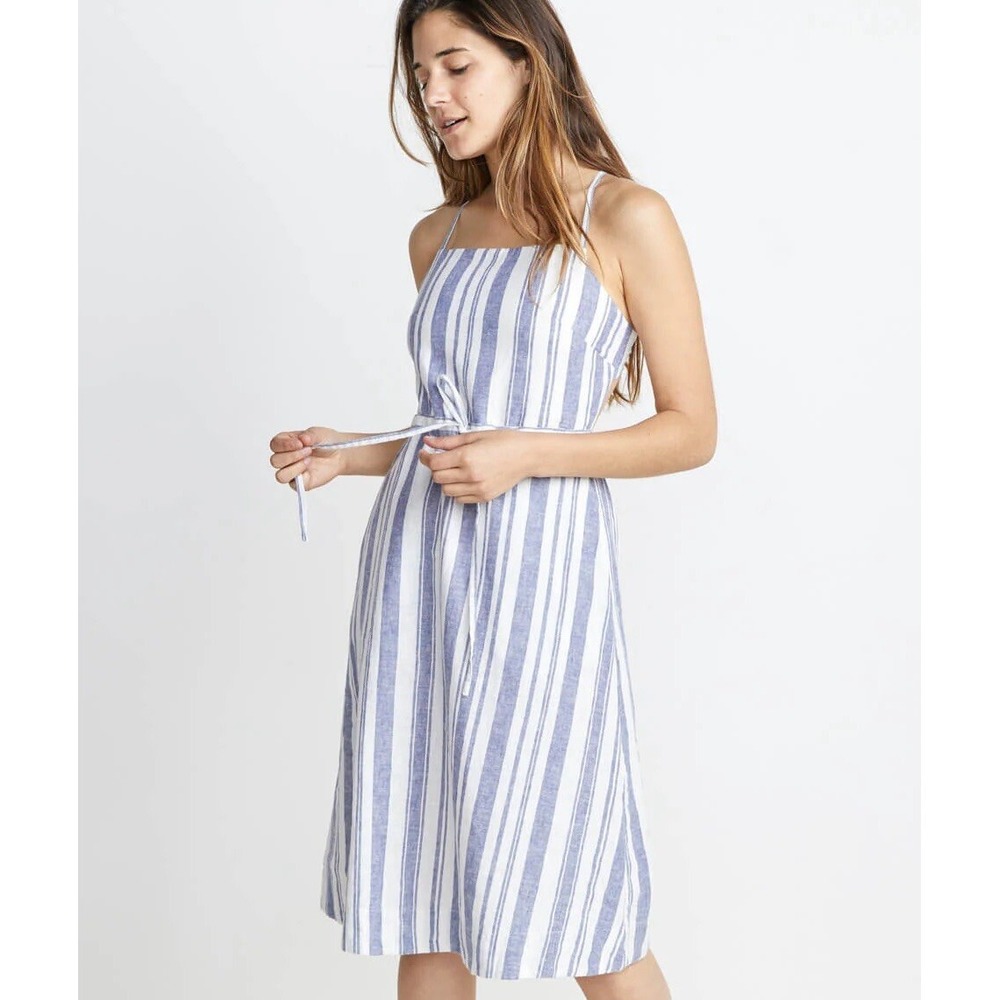 MARINE LAYER Lily Dress‎ in Blue White Stripe Linen Cotton Midi Womens XL